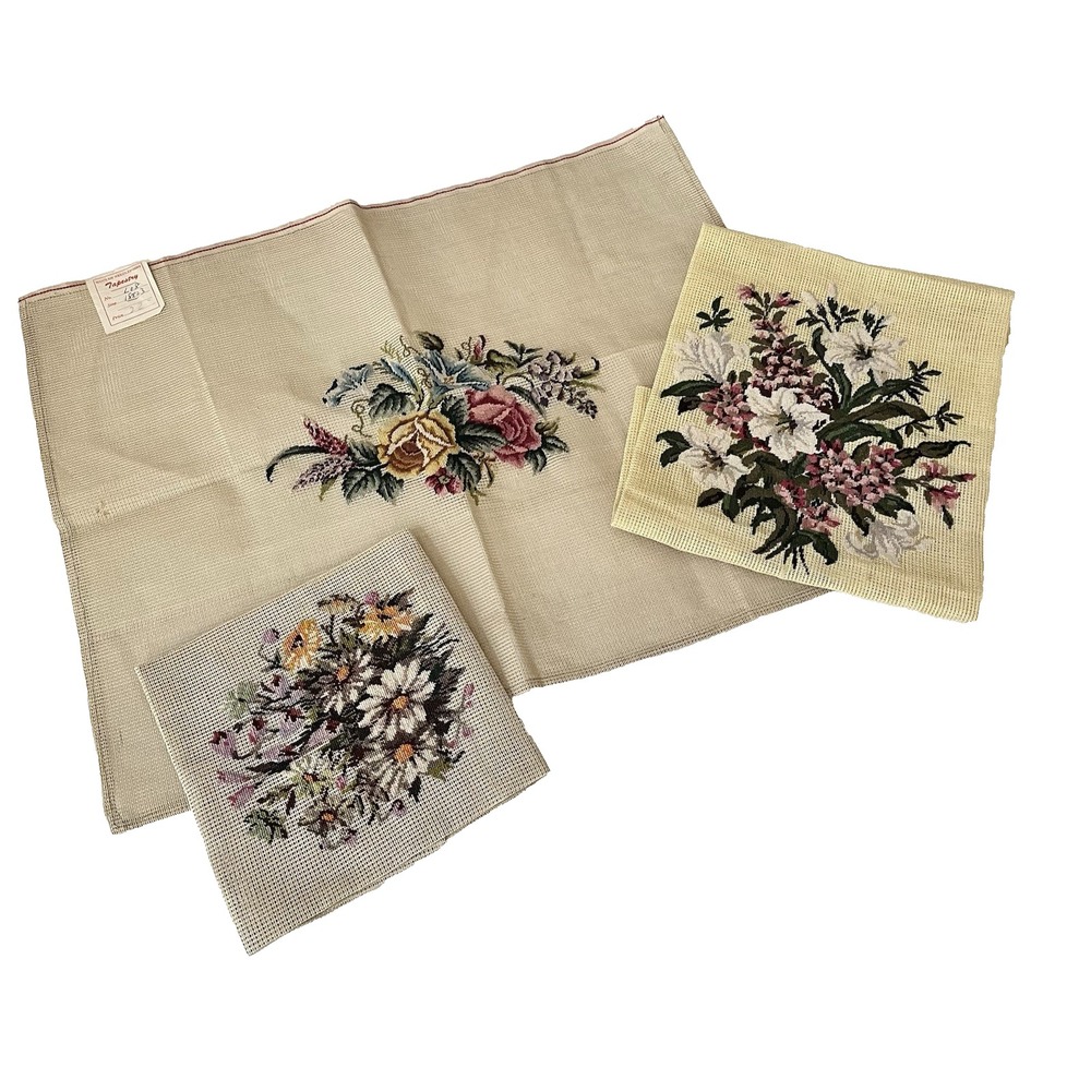 Antique Lot 3 Pieces Wool Needlepoint Tapestry flowers Four Wives unframed roses